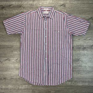 VTG 90s Ash Creek Trading Preppy Red Green Purple White S/S Casual Shirt Size LT